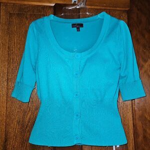 Takeout Teal Blue Cropped Button-Up Short Sleeve Shrug Cardigan Size Large